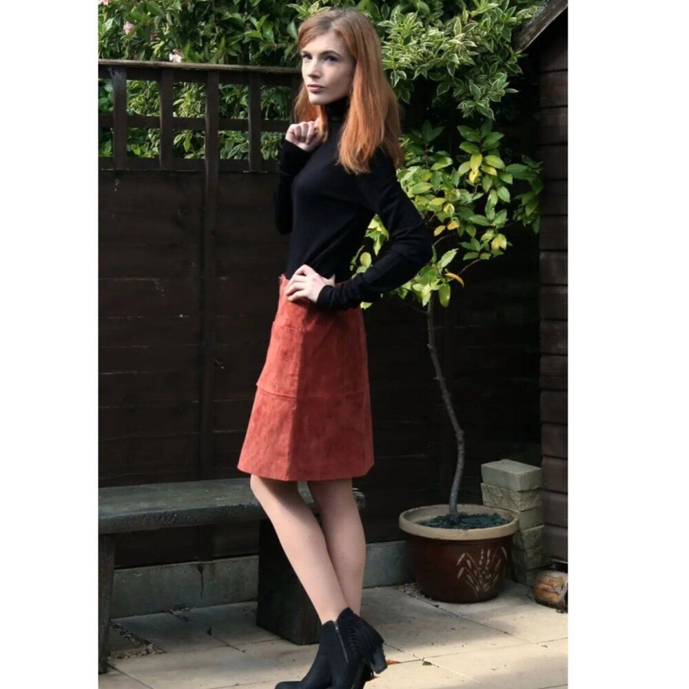 TTYA Long Tall Sally Suede Mini Double Zip Front Sz 6 Rust Brown Leather Skirt